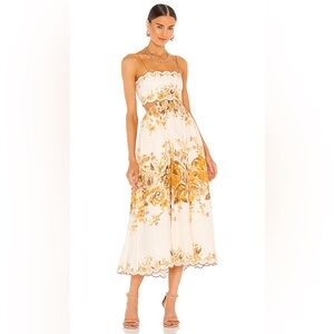 Zimmermann Yellow Floral Scallop Linen tie back Midi Dress